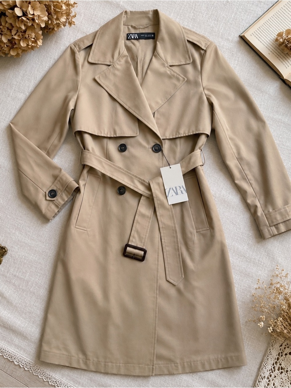 ZARA NWT Beige Double Breasted Belted Trench Coat XL Long 47” Classic
